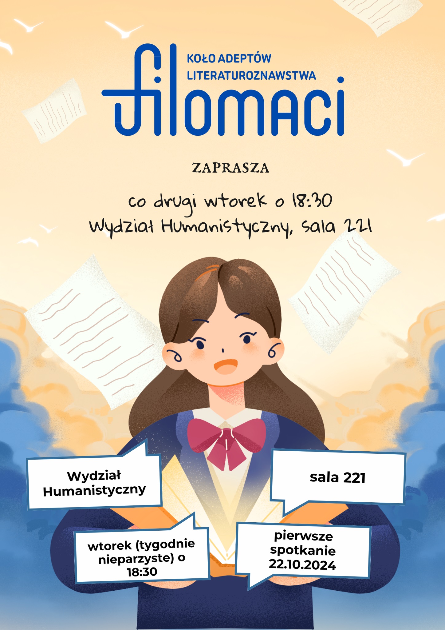 Plakat Koła Adeptów Literaturoznawstwa "Filomaci" zapraszający na spotkania w sali 221 w każdy nieparzysty wtorek o godzinie 18:30